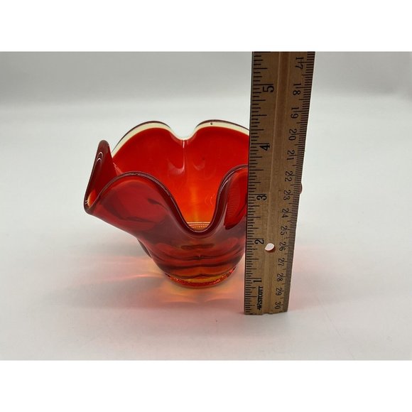 LE Smith Amberina Glass Pedestal Bowl Red Vintage Mid Century Modern - Picture 16 of 16